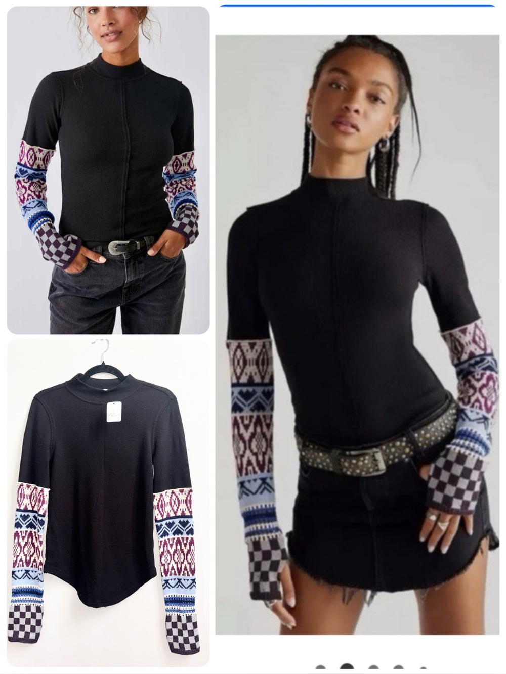 NWT Free People Gorgeous Cuff Thermal Sweater Black Mock Neck Top Size Medium